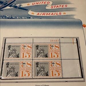 US Airmail Stamp page with four 1959 15 cent stamps in protective film on page.